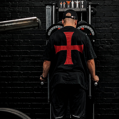 Person using a weight machine in a gym with a black and red design on their shirt.